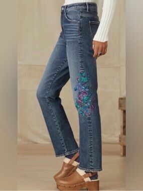 Driftwood Stella Flashflower Embroidered Straight Leg Jeans 31 Boho Chic